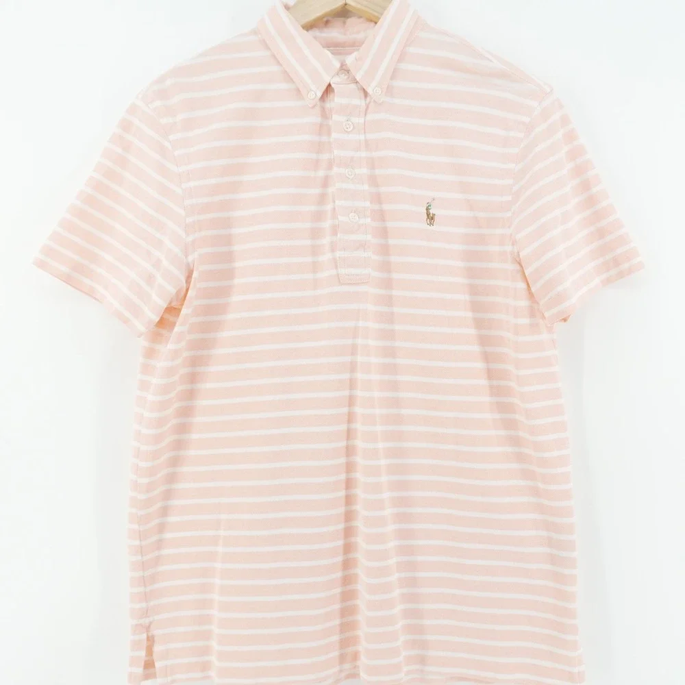 Ralph Lauren Polo Shirt Mens Medium Pink White Striped Knit Oxford Short Sleeve